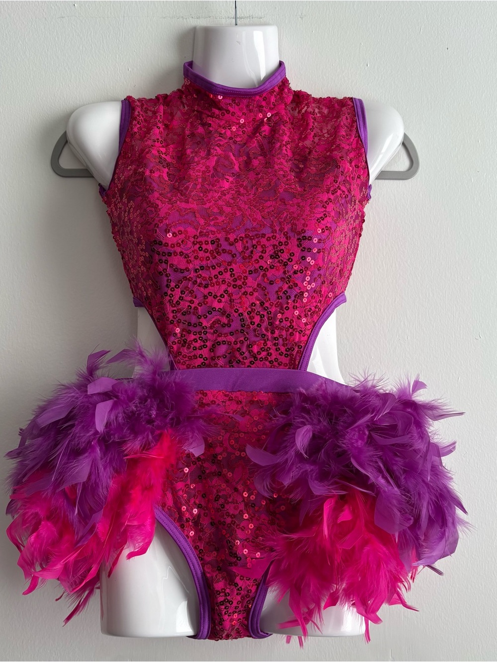 Weissman Lipstick Girls LC Pink Purple Sequin Halter Dance Costume w/ Feathers